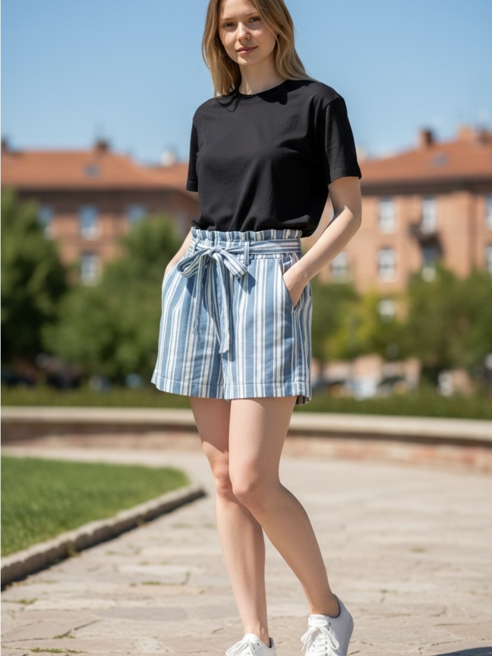American Eagle Blue and White Striped Shorts